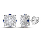 14kt White Gold Diamond and Blue Sapphire Cluster Earrings - Radiant Sparkle and Vibrant Hues - Top View