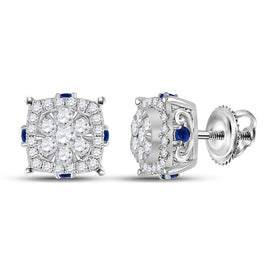 14kt White Gold Diamond and Blue Sapphire Cluster Earrings - Radiant Sparkle and Vibrant Hues - Top View
