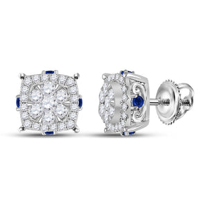 Earrings | 14kt White Gold Womens Round Diamond Blue Sapphire Cluster Earrings 5/8 Cttw | Splendid Jewellery GND
