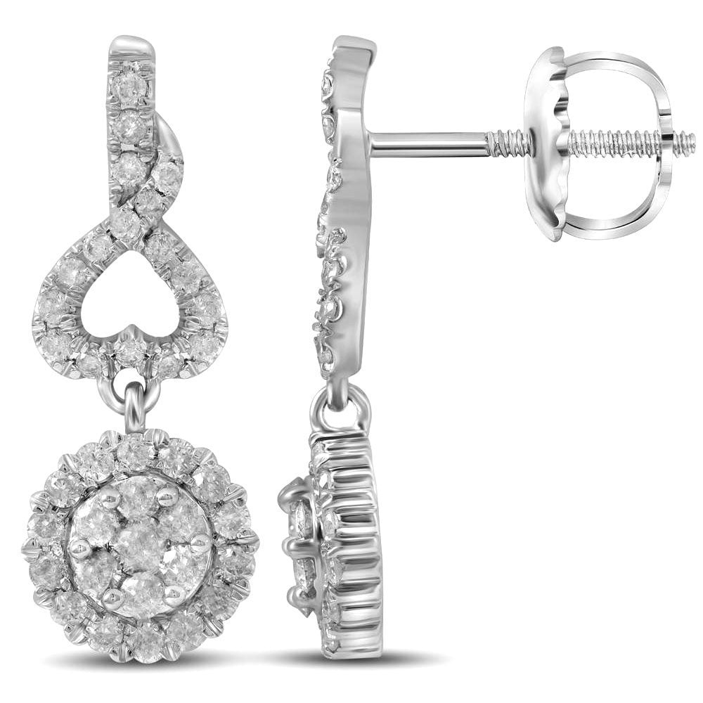 Earrings | 14kt White Gold Womens Round Diamond Cluster Dangle Earrings 1 Cttw | Splendid Jewellery GND