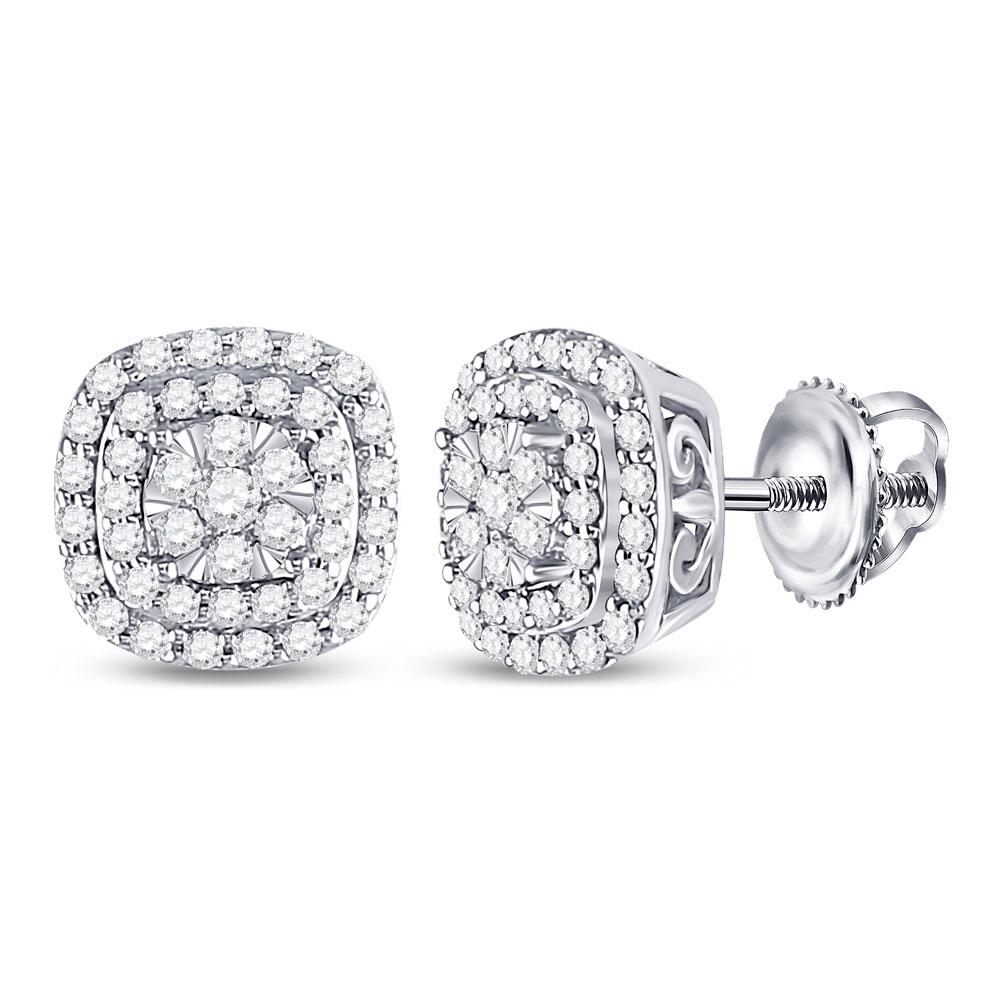 Earrings | 14kt White Gold Womens Round Diamond Cushion Halo Cluster Earrings 1/2 Cttw | Splendid Jewellery GND
