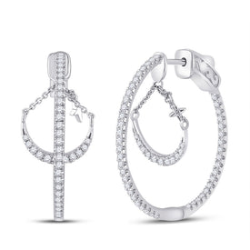 14kt White Gold Diamond Cascade Dangle Hoop Earrings - Top View