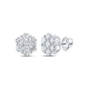 Earrings | 14kt White Gold Womens Round Diamond Flower Cluster Earrings 1-3/4 Cttw | Splendid Jewellery GND