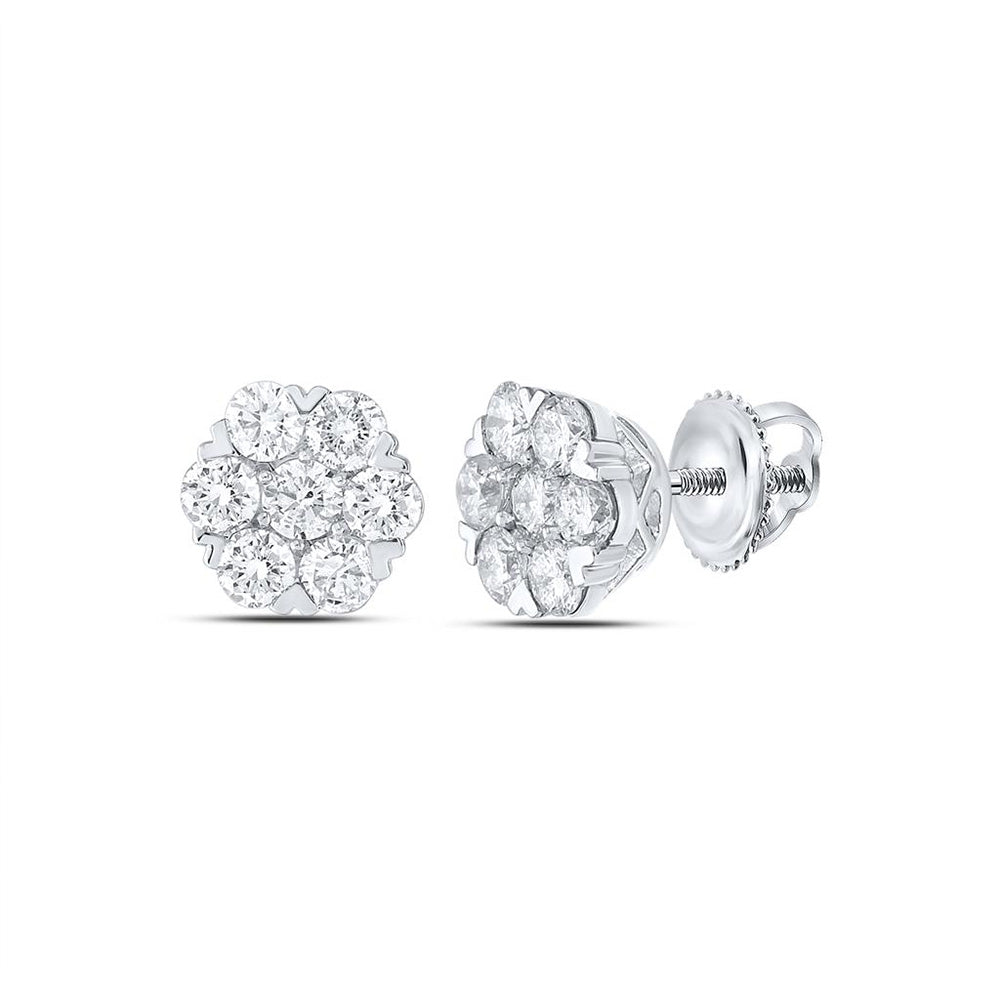 Earrings | 14kt White Gold Womens Round Diamond Flower Cluster Earrings 1-7/8 Cttw | Splendid Jewellery GND