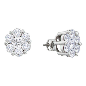 Earrings | 14kt White Gold Womens Round Diamond Flower Cluster Earrings 2 Cttw | Splendid Jewellery GND