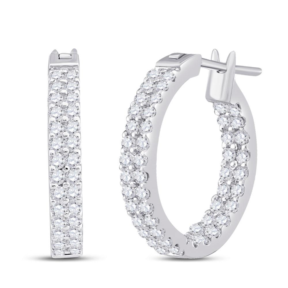 Earrings | 14kt White Gold Womens Round Diamond Inside Outside Double Row Hoop Earrings 1 Cttw | Splendid Jewellery GND
