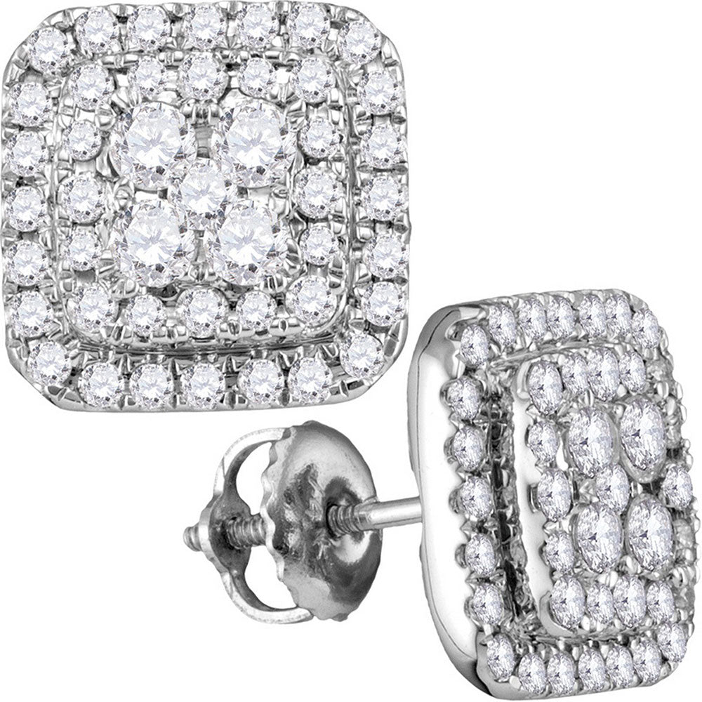 Earrings | 14kt White Gold Womens Round Diamond Square Cluster Earrings 1 Cttw | Splendid Jewellery GND