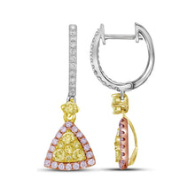 Load image into Gallery viewer, 14kt White Gold Triangle Dangle Earrings with Yellow and Pink Diamonds - A Captivating Jewel  Top View from Splendid Jewellery