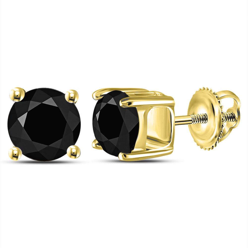 Earrings | 14kt Yellow Gold Unisex Round Black Color Enhanced Diamond Solitaire Stud Earrings 2 Cttw | Splendid Jewellery GND