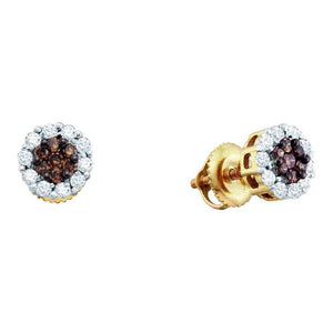 Earrings | 14kt Yellow Gold Womens Round Brown Diamond Flower Cluster Earrings 1-1/2 Cttw | Splendid Jewellery GND
