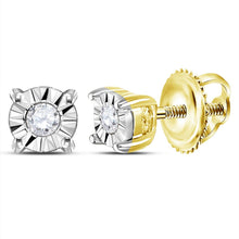 Load image into Gallery viewer, Radiant Illusion: 14kt Yellow Gold Diamond Solitaire Earrings  Top View from Splendid Jewellery