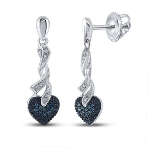 Earrings | Sterling Silver Womens Round Blue Color Enhanced Diamond Heart Dangle Earrings 1/5 Cttw | Splendid Jewellery GND