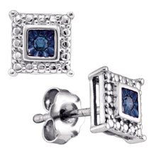 Load image into Gallery viewer, Captivating Blue Sparkle Sterling Silver Square Diamond Earrings  Top View from Splendid Jewellery