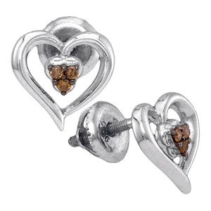 Earrings | Sterling Silver Womens Round Brown Diamond Heart Earrings 1/20 Cttw | Splendid Jewellery GND