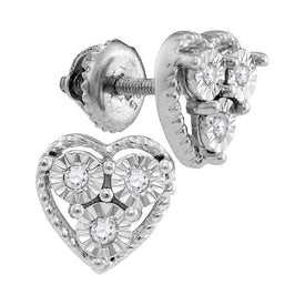 Heartfelt Brilliance: Sterling Silver Womens Round Diamond Heart Earrings 1/20 Cttw  Top View from Splendid Jewellery