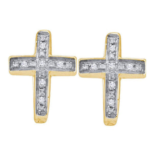 Earrings | Yellow-tone Sterling Silver Womens Round Diamond Cross Huggie Hoop Earrings 1/20 Cttw | Splendid Jewellery GND