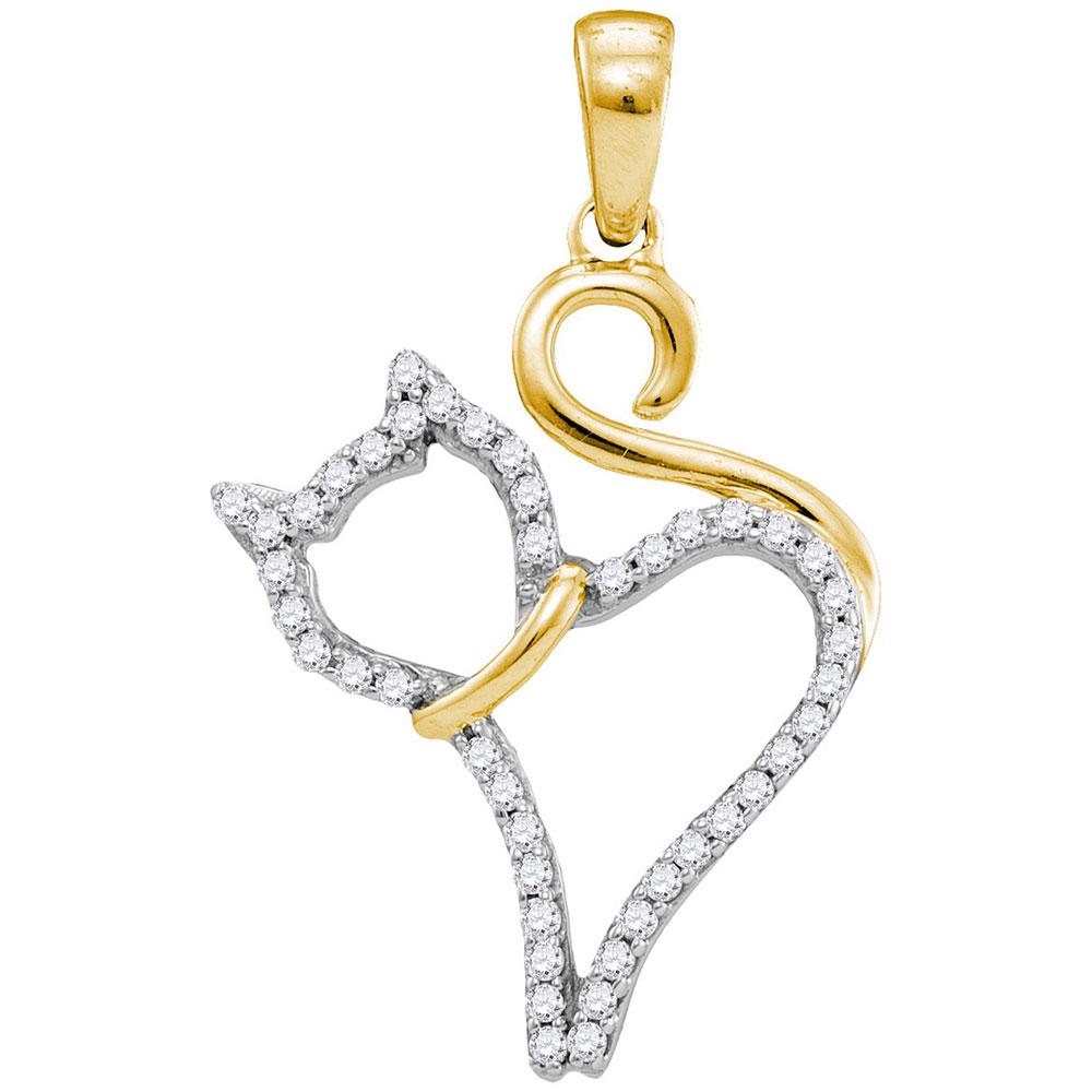 Enchanting Diamond Feline Grace Pendant | 10kt Yellow Gold Womens Round Diamond Kitty Cat Animal Pendant 1/6 Cttw - Splendid Jewellery