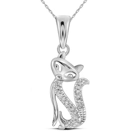 Enchanting Diamond Feline Pendant | 10kt White Gold Womens Round Diamond Kitty Cat Animal Pendant 1/20 Cttw | Splendid Jewellery - Splendid Jewellery