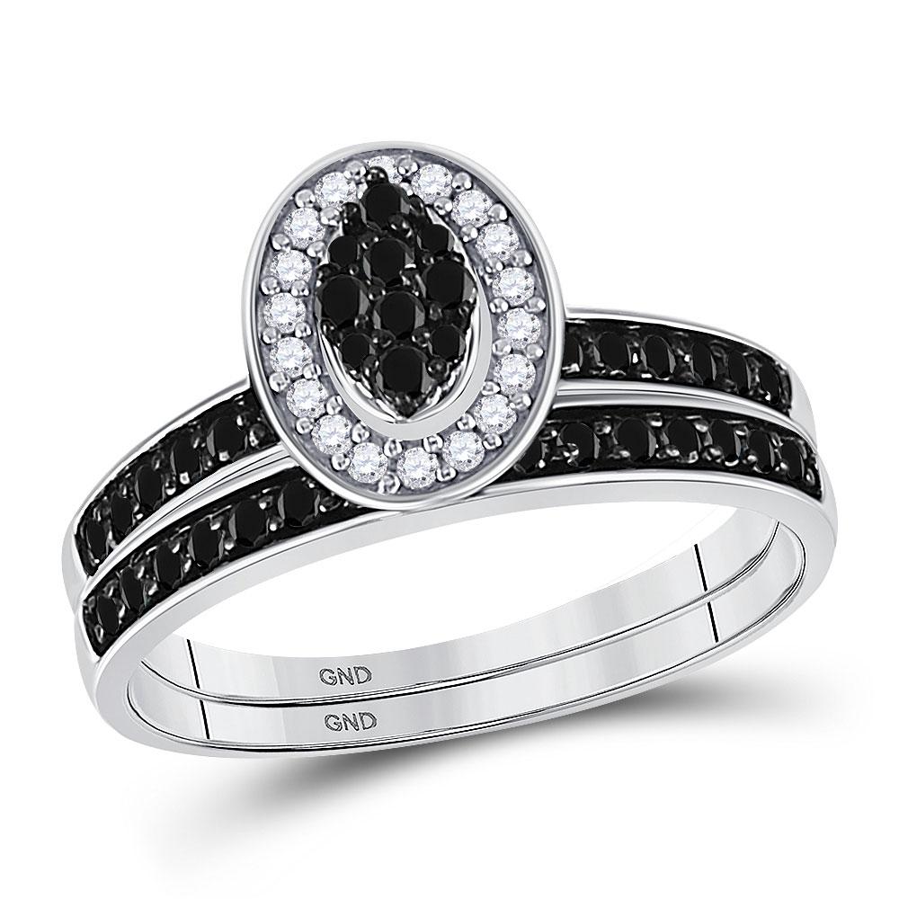 Exquisite Noir Brilliance: 10kt White Gold Womens Round Black Color Enhanced Diamond Bridal Wedding Ring Set 1/2 Cttw - Splendid Jewellery