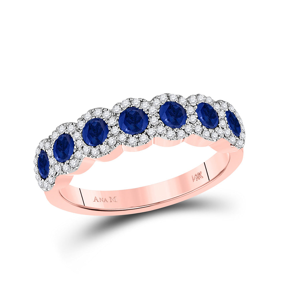 Gemstone Band | 14kt Rose Gold Womens Round Blue Sapphire Diamond Band Ring 1-1/4 Cttw | Splendid Jewellery GND