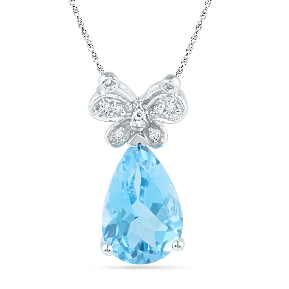 Gemstone Chain Necklace | 10kt White Gold Womens Pear Lab-Created Blue Topaz Butterfly Bug Diamond Pendant 2-1/2 Cttw | Splendid Jewellery GND