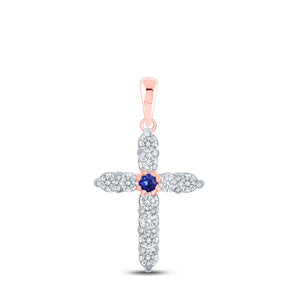Gemstone Cross Pendant | 10kt Rose Gold Womens Round Blue Sapphire Diamond Cross Pendant 1/2 Cttw | Splendid Jewellery GND