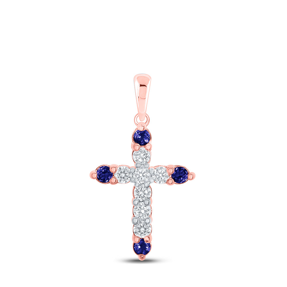Gemstone Cross Pendant | 10kt Rose Gold Womens Round Blue Sapphire Diamond Cross Pendant 1/4 Cttw | Splendid Jewellery GND