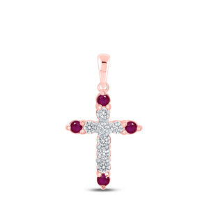 Gemstone Cross Pendant | 10kt Rose Gold Womens Round Ruby Diamond Cross Pendant 1/2 Cttw | Splendid Jewellery GND