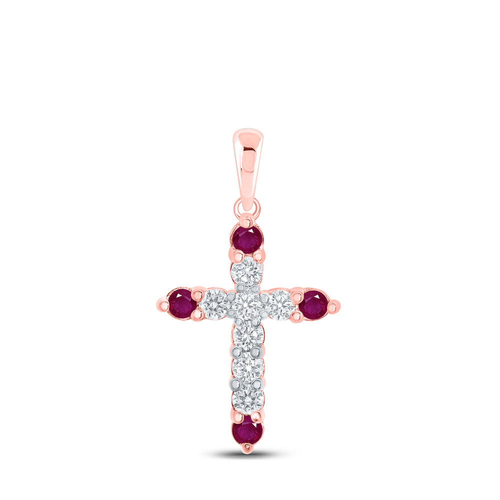 Gemstone Cross Pendant | 10kt Rose Gold Womens Round Ruby Diamond Cross Pendant 1/4 Cttw | Splendid Jewellery GND