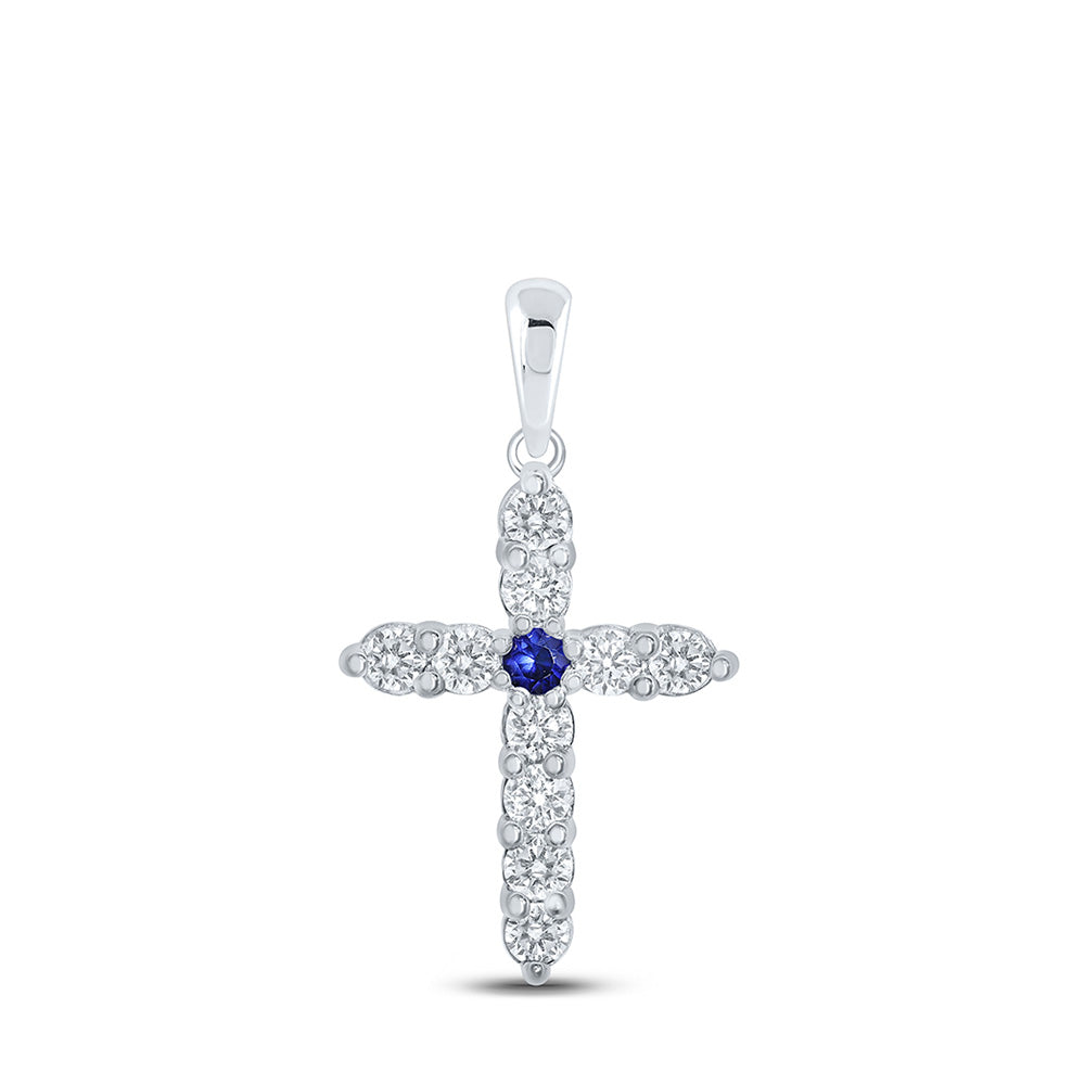 Gemstone Cross Pendant | 10kt White Gold Womens Round Blue Sapphire Diamond Cross Pendant 1/2 Cttw | Splendid Jewellery GND