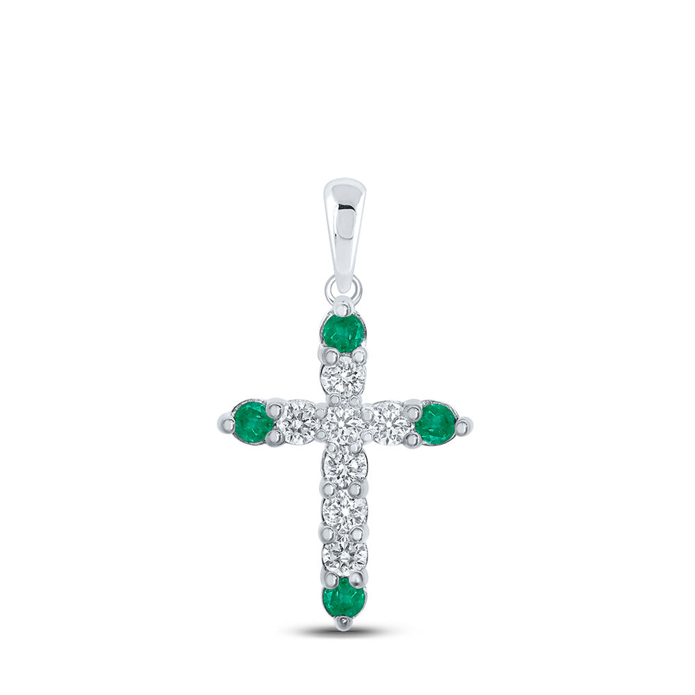 Gemstone Cross Pendant | 10kt White Gold Womens Round Emerald Diamond Cross Pendant 1/5 Cttw | Splendid Jewellery GND