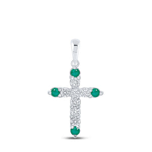 Gemstone Cross Pendant | 10kt White Gold Womens Round Emerald Diamond Cross Pendant 3/8 Cttw | Splendid Jewellery GND