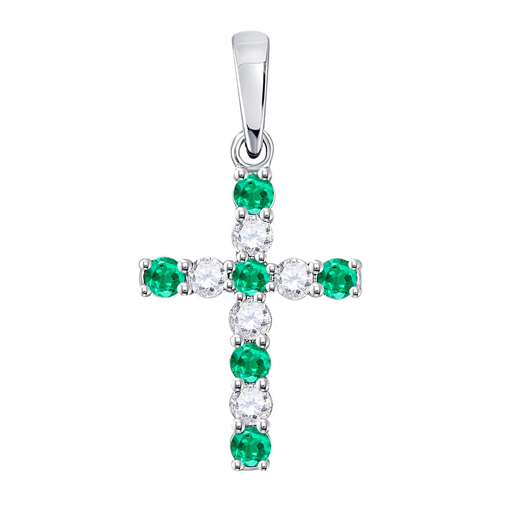 Gemstone Cross Pendant | 10kt White Gold Womens Round Lab-Created Emerald Cross Pendant 1/3 Cttw | Splendid Jewellery GND