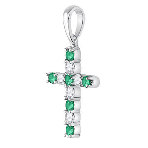 Gemstone Cross Pendant | 10kt White Gold Womens Round Lab-Created Emerald Cross Pendant 1/3 Cttw | Splendid Jewellery GND