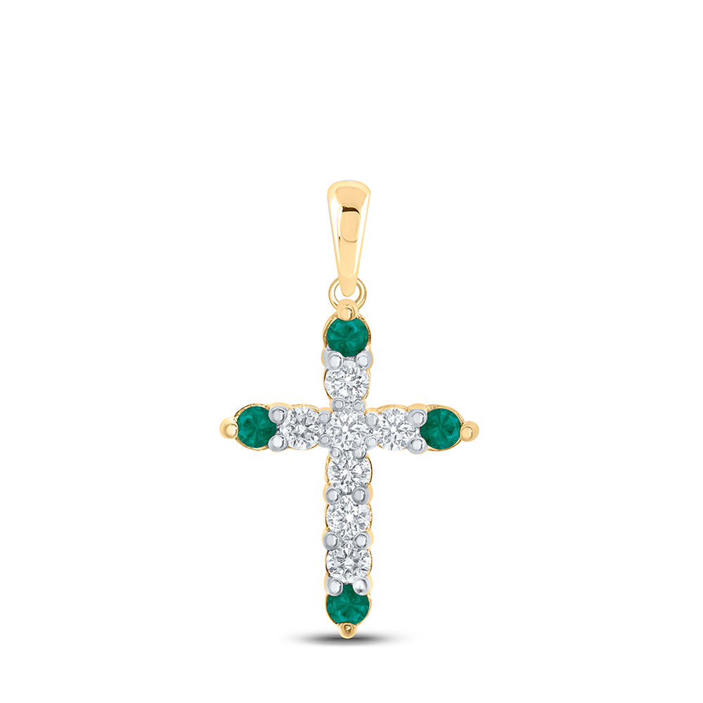 Gemstone Cross Pendant | 10kt Yellow Gold Womens Round Emerald Diamond Cross Pendant 1 Cttw | Splendid Jewellery GND