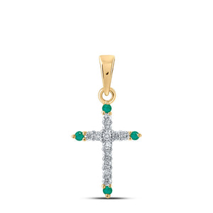 Gemstone Cross Pendant | 10kt Yellow Gold Womens Round Emerald Diamond Cross Pendant 1/6 Cttw | Splendid Jewellery GND