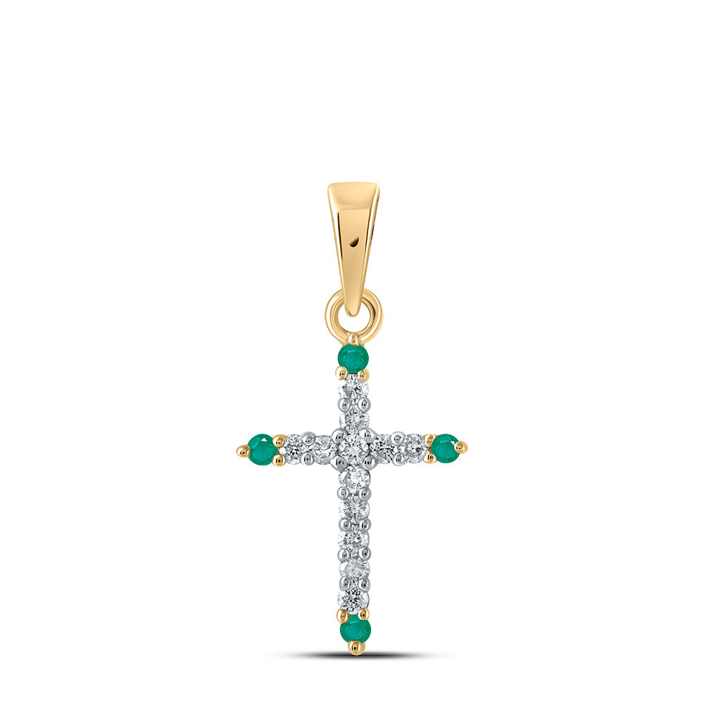 Gemstone Cross Pendant | 10kt Yellow Gold Womens Round Emerald Diamond Cross Pendant 1/6 Cttw | Splendid Jewellery GND