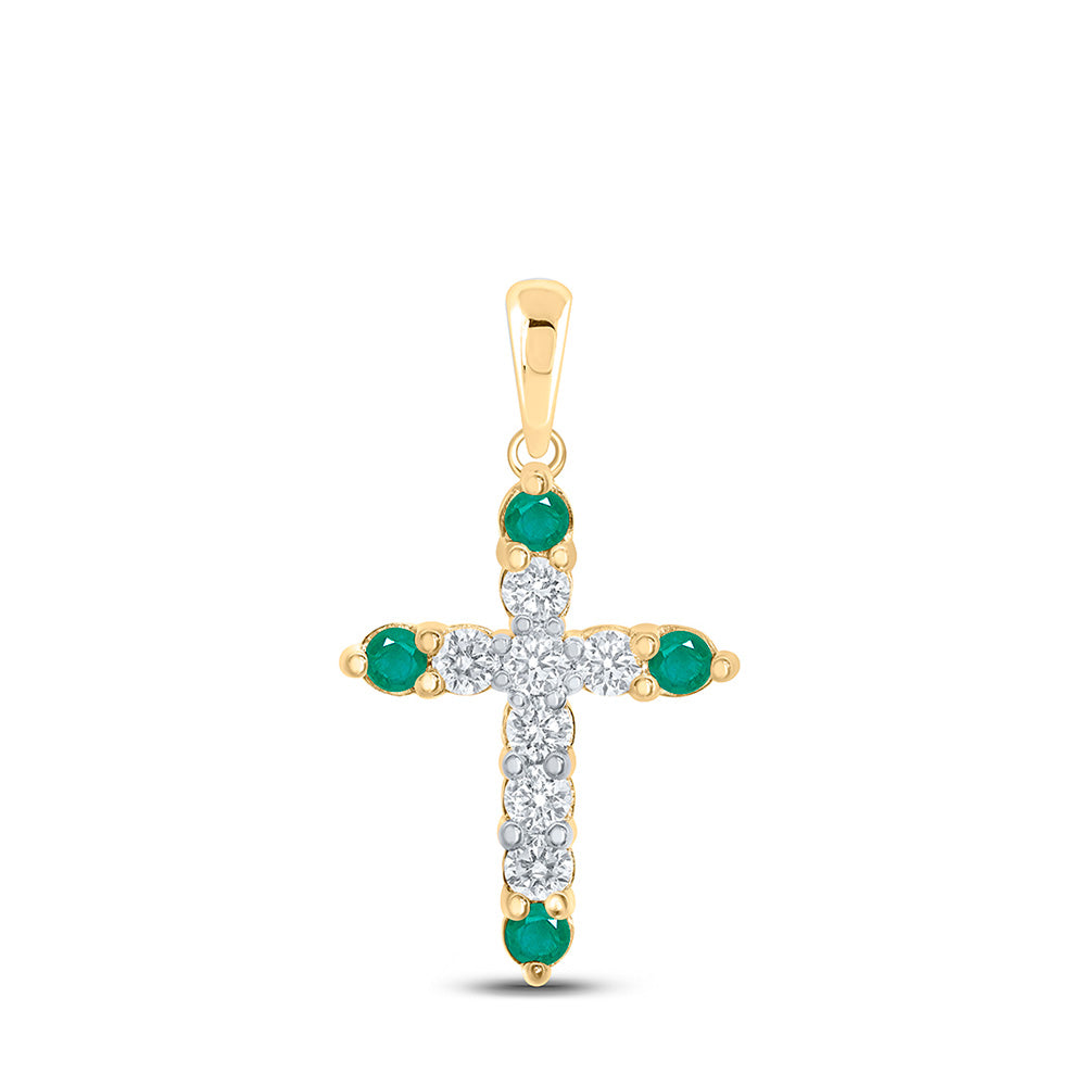 Gemstone Cross Pendant | 10kt Yellow Gold Womens Round Emerald Diamond Cross Pendant 3/8 Cttw | Splendid Jewellery GND