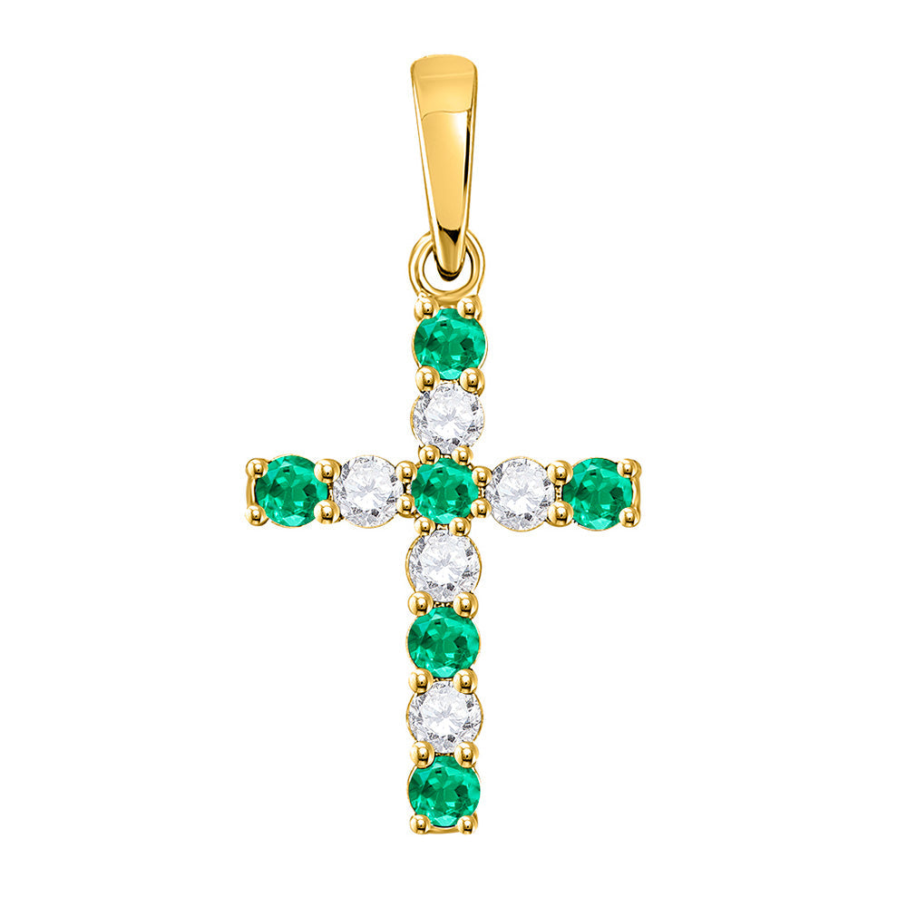 Gemstone Cross Pendant | 10kt Yellow Gold Womens Round Lab-Created Emerald Cross Pendant 1/3 Cttw | Splendid Jewellery GND