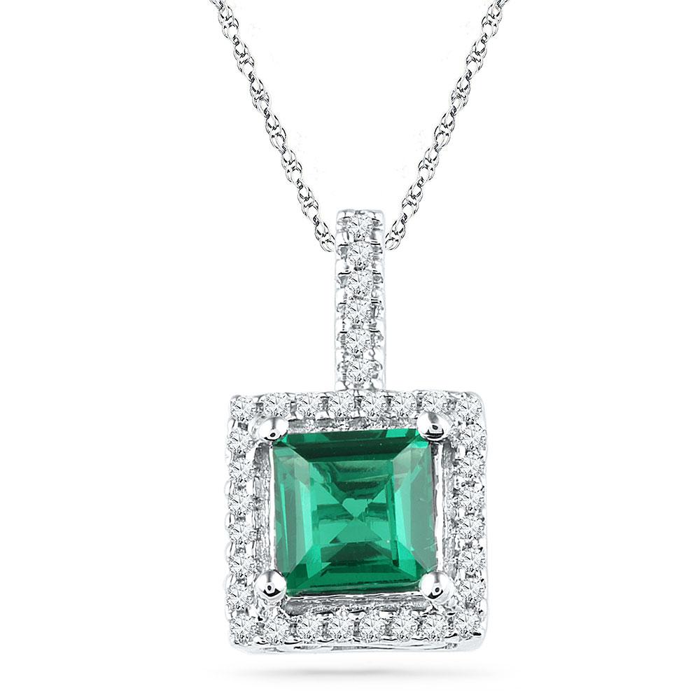 Gemstone Fashion Pendant | 10kt White Gold Womens Cushion Lab-Created Emerald Solitaire & Diamond Pendant 1-3/8 Cttw | Splendid Jewellery GND