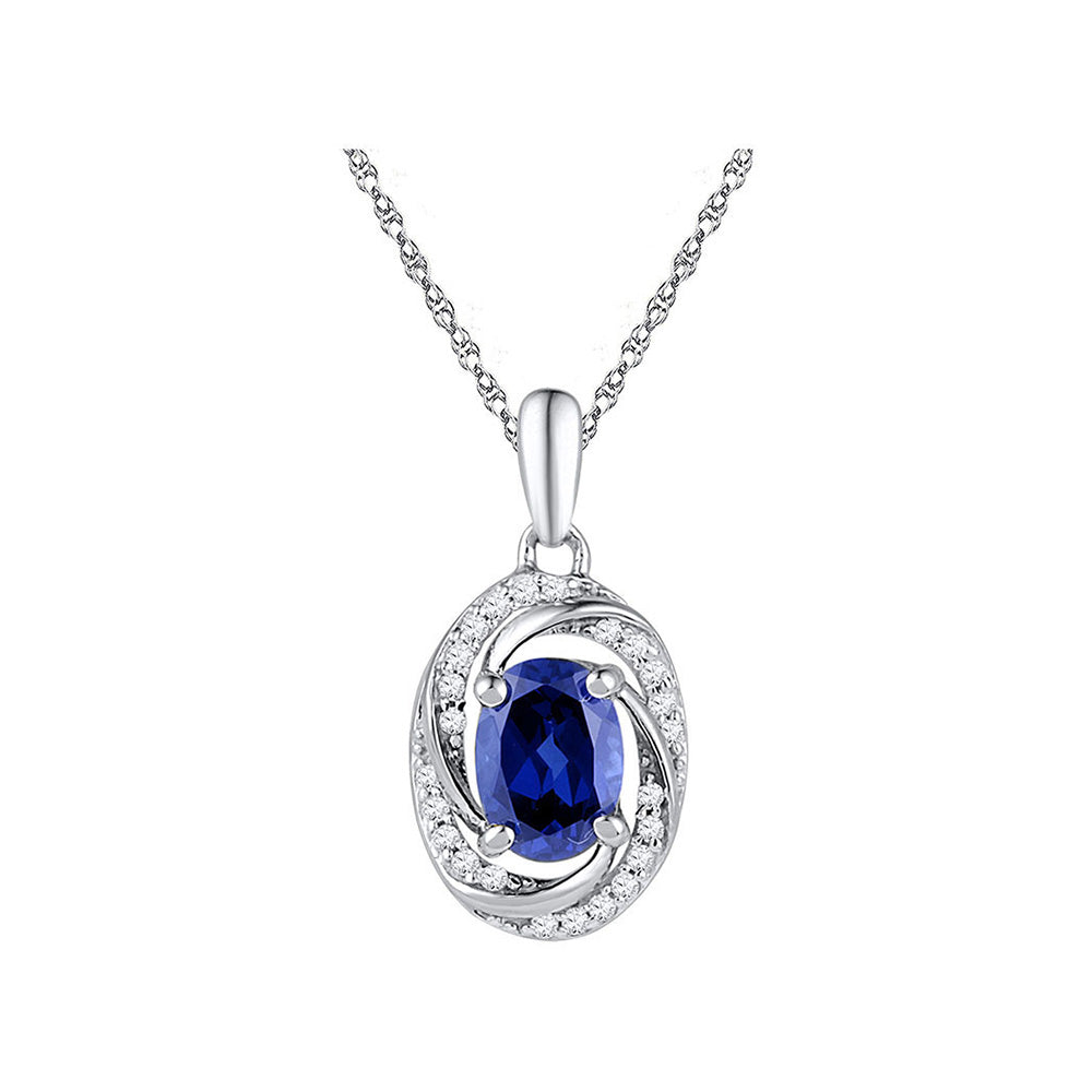 Gemstone Fashion Pendant | 10kt White Gold Womens Oval Lab-Created Blue Sapphire Solitaire Diamond Pendant 1-1/3 Cttw | Splendid Jewellery GND