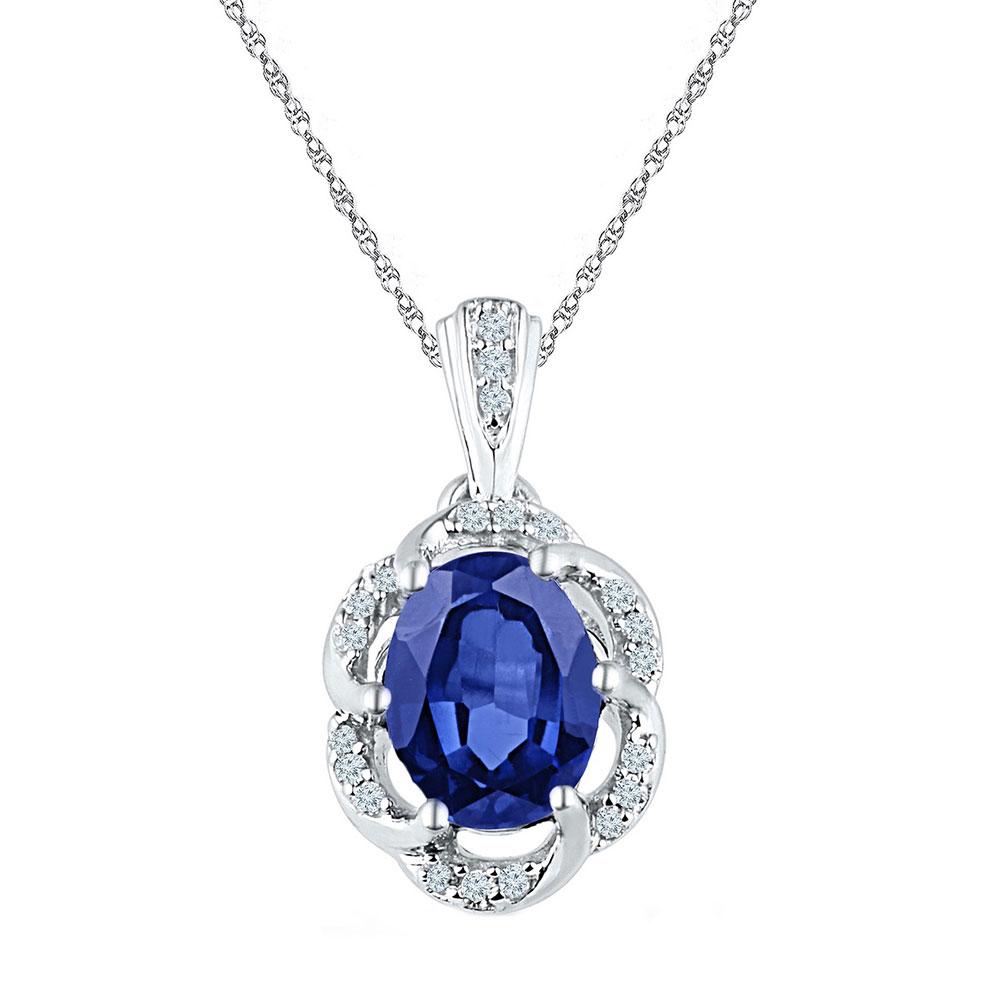 Gemstone Fashion Pendant | 10kt White Gold Womens Oval Lab-Created Blue Sapphire Solitaire Diamond Pendant 1-3/4 Cttw | Splendid Jewellery GND