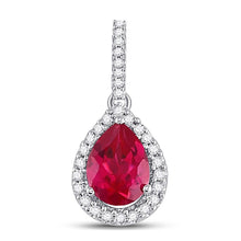 Load image into Gallery viewer, Radiant Ruby Brilliance Pendant | 10kt White Gold Womens Pear Lab-Created Ruby Solitaire Diamond Frame Pendant 1-7/8 Cttw  Top View from Splendid Jewellery