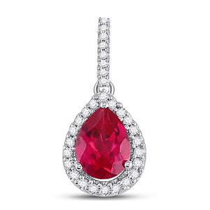 Gemstone Fashion Pendant | 10kt White Gold Womens Pear Lab-Created Ruby Solitaire Diamond Frame Pendant 1-7/8 Cttw | Splendid Jewellery GND