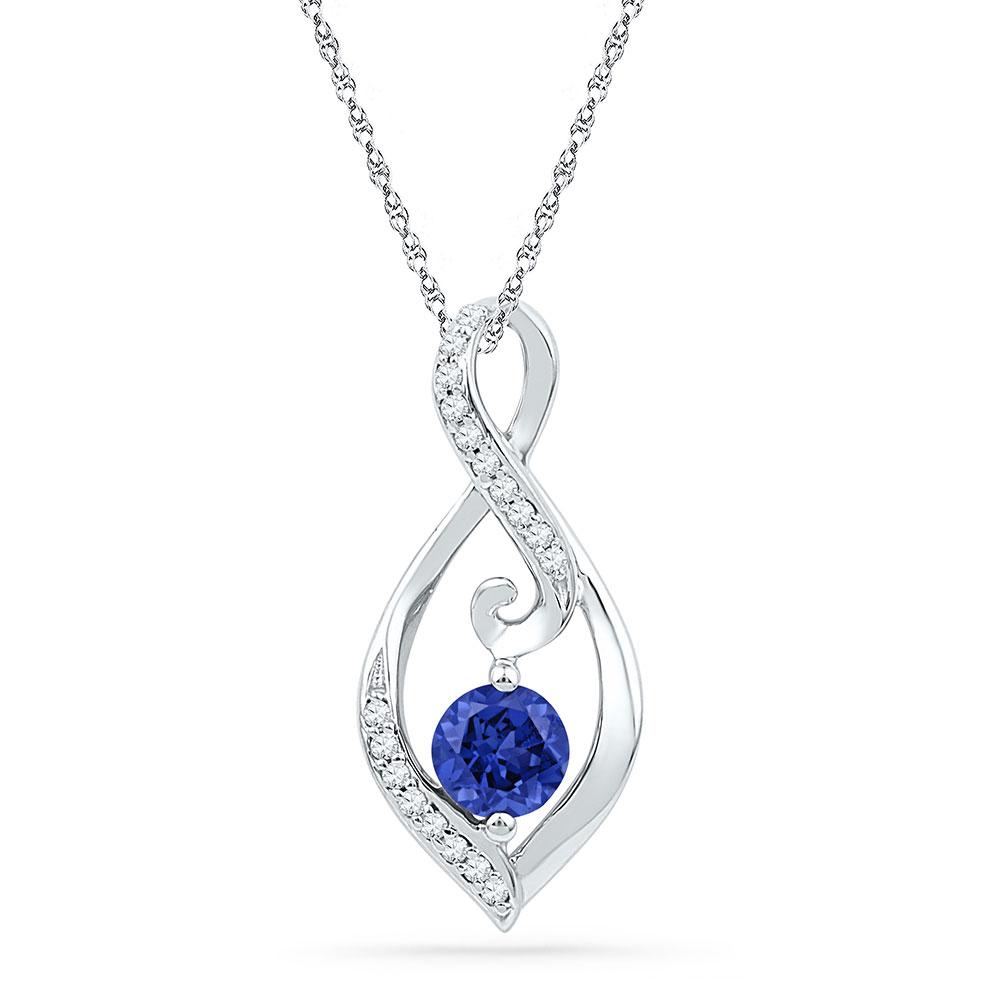 Gemstone Fashion Pendant | 10kt White Gold Womens Round Lab-Created Blue Sapphire Solitaire Diamond Pendant 1/10 Cttw | Splendid Jewellery GND