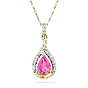 Gemstone Fashion Pendant | 10kt Yellow Gold Womens Pear Lab-Created Pink Sapphire Solitaire Diamond Pendant 1-5/8 Cttw | Splendid Jewellery GND
