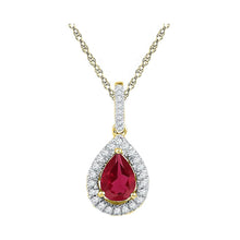 Load image into Gallery viewer, Radiant Ruby Brilliance: 10kt Yellow Gold Women&#39;s Pear Lab-Created Ruby Solitaire Diamond Frame Pendant  Top View from Splendid Jewellery