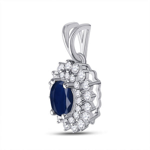 Gemstone Fashion Pendant | 14kt White Gold Womens Oval Blue Sapphire Diamond Halo Pendant 3/4 Cttw | Splendid Jewellery GND