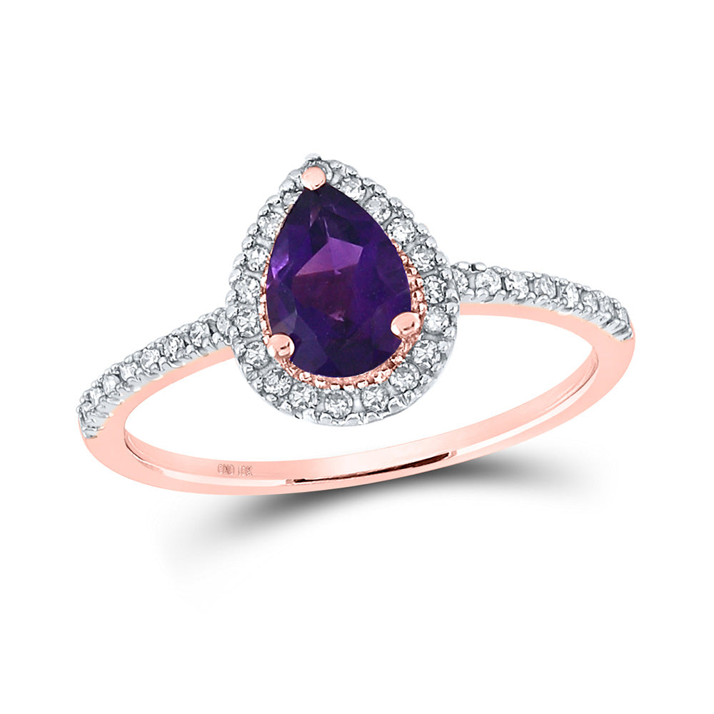 Gemstone Fashion Ring | 10kt Rose Gold Womens Pear Lab-Created Amethyst Solitaire Ring 3/4 Cttw | Splendid Jewellery GND