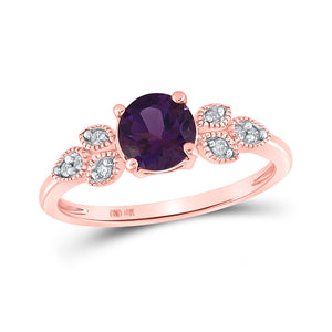 Gemstone Fashion Ring | 10kt Rose Gold Womens Round Lab-Created Amethyst Floral Solitaire Ring 7/8 Cttw | Splendid Jewellery GND